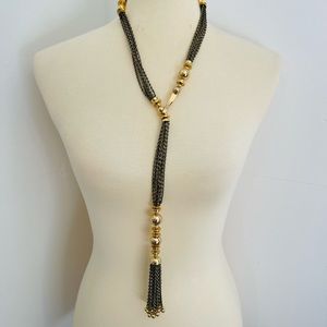 Women Retro Luxury Y-Shape Golden Tone Bead Twisted Tassels Chain Long Necklace